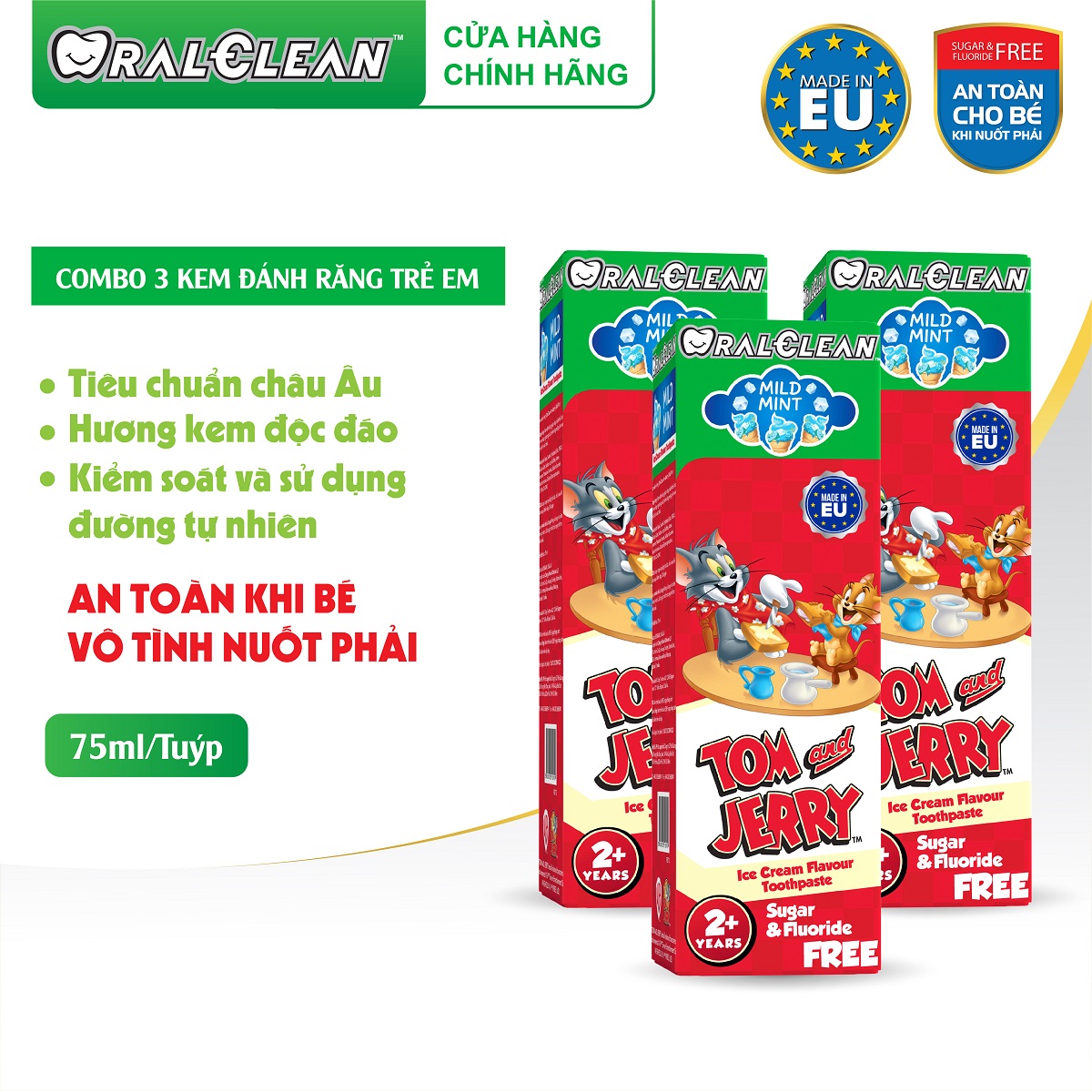 Combo 3 kem đánh răng trẻ em Oral Clean Tom&Jerry Mild Mint 75ml tuýp
