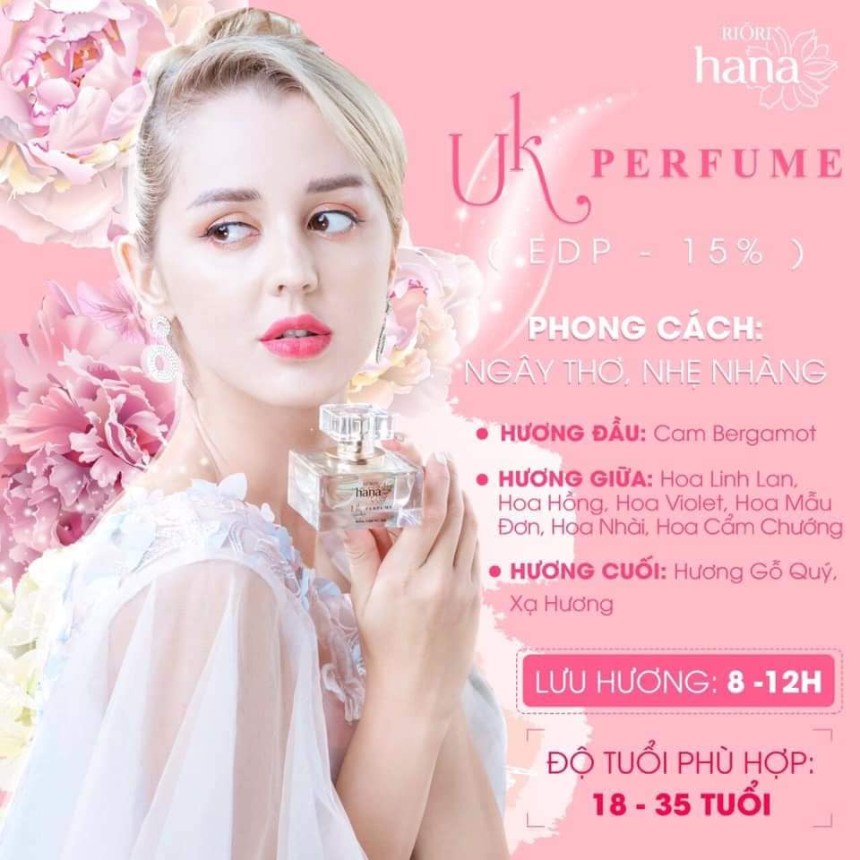 Nước hoa nữ, nước hoa chính hãng thơm lâu, edp15%, riori hana uk perfume 50ml - hương hoa cỏ nhẹ nhàng, trẻ trung, năng động