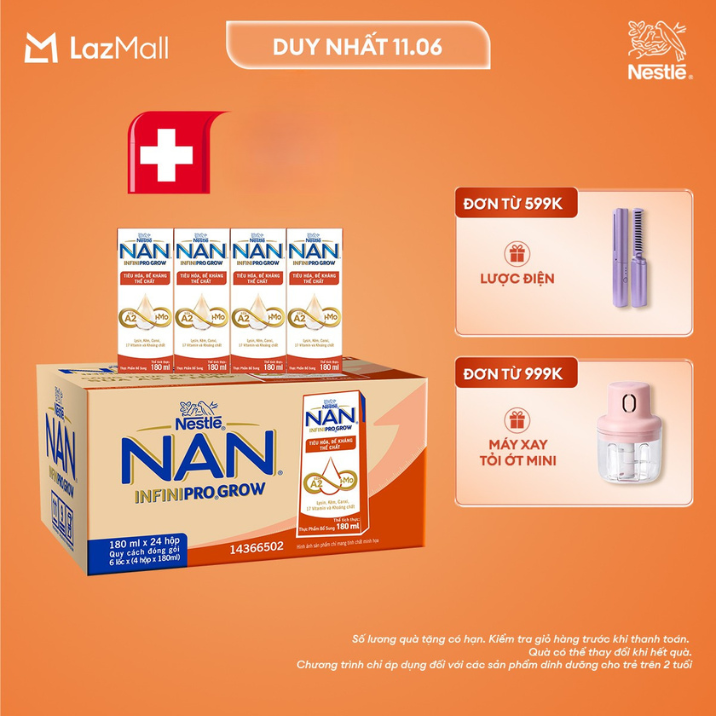 [Chỉ 11.06 QT Đơn 599K/999K/1299K]Thùng 24 hộp sữa pha sẵn Nestle NAN INFINIPRO GROW với công thức vượt trội kết hợp sữa A2 và HMO hỗ trợ tiêu hóa, đề kháng và phát triển thể chất (4x180ml)