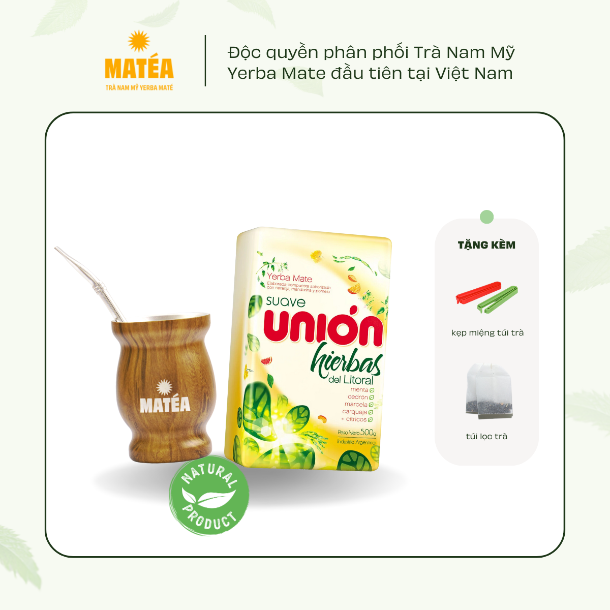 Trà yerba mate vị trái cây thảo mộc 500gr hierbas del litoral + cốc gourd kèm ống hút bombilla mới - tặng kẹp trà và túi lọc