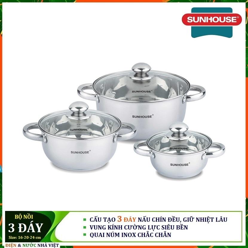 Bộ nồi 3 đáy inox sunhouse sh 334 sử dụng được bếp từ