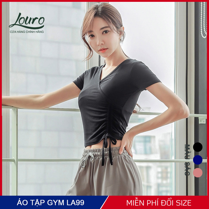 Áo tập gym, yoga nữ cộc tay Louro, kiểu áo croptop body chun eo cao cấp, chất liệu co giãn thoáng mát - LA99