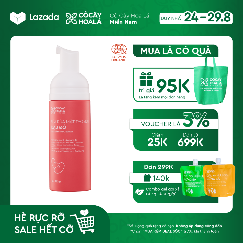 Sữa rửa mặt đậu đỏ cỏ cây hoa lá việt nam - sữa rửa mặt cho bà bầu, sạch sâu, trắng da 150gr