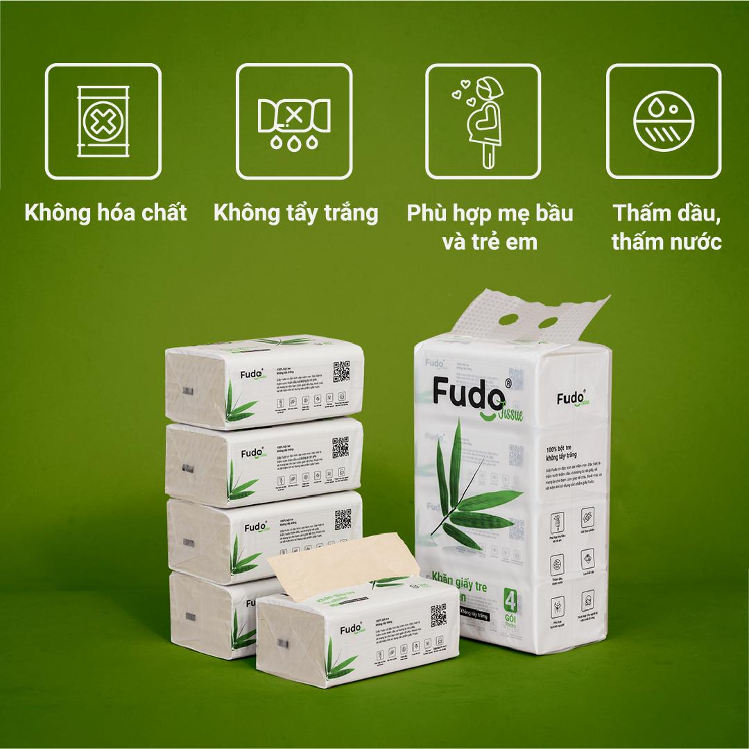 Khăn giấy tre Fudo - 4 gói giấy rút - Giấy ăn Fudo: 100% bột tre, không tạo mùi, không tẩy trắng