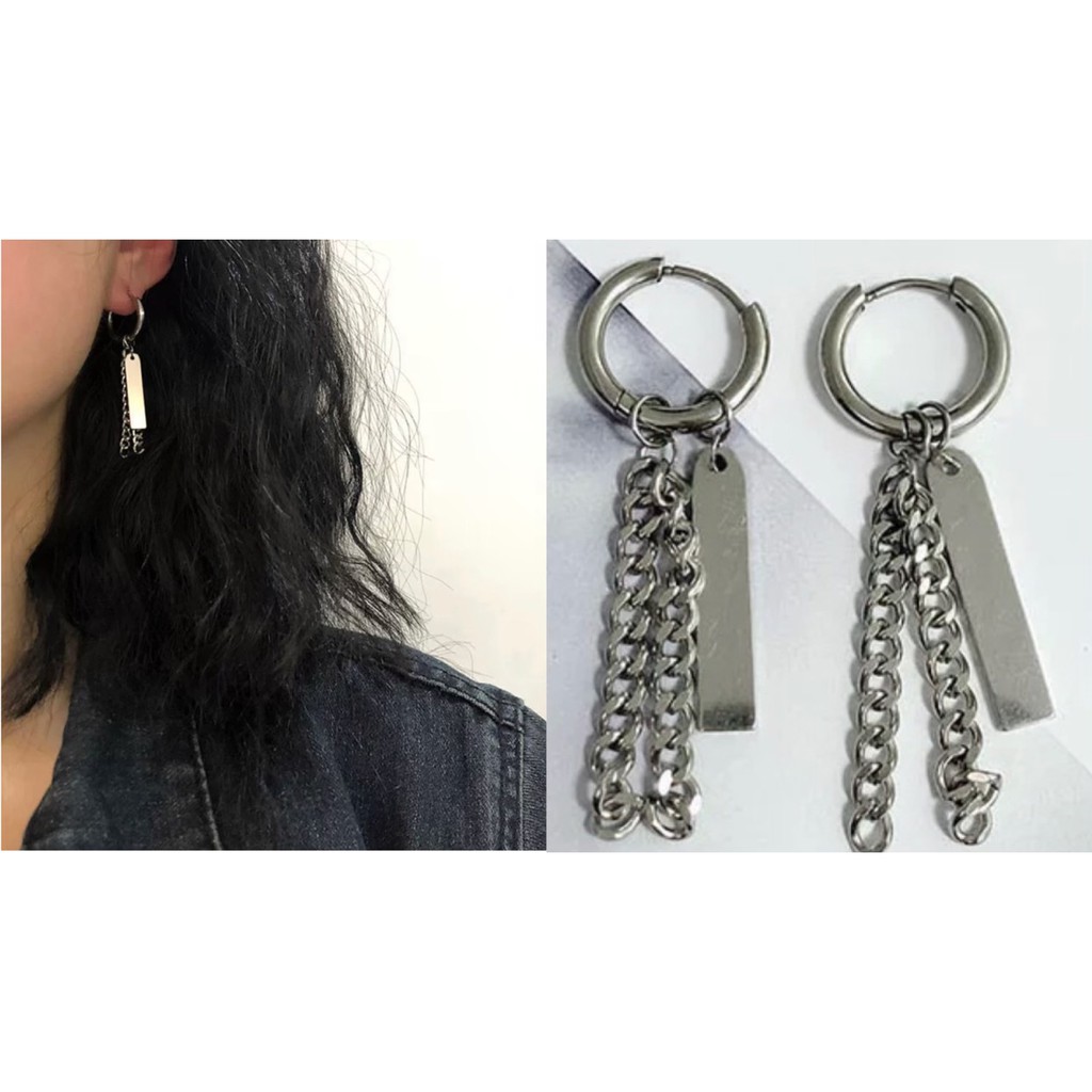 Bông tai titan xích và thanh - khuyên tai nam dây xích dài - khuyên nam nữ unisex không gỉ, hàng có sẵn, sản phẩm y hình, đảm bảo giá cả thấp hơn so với thị trường