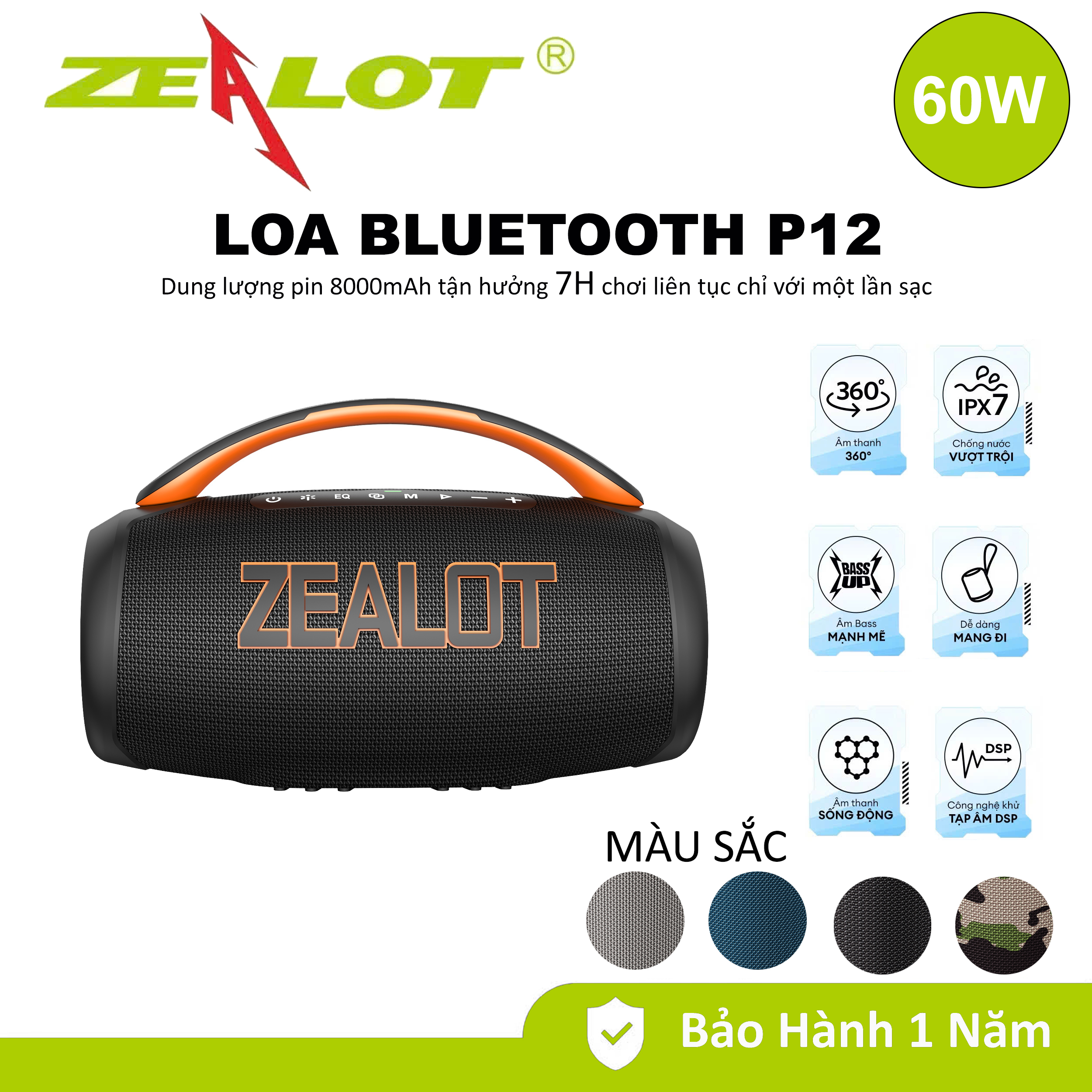 Loa bluetooth di động ngoài trời Zealot P12 chuyên nghiệp, âm trầm công suất 60W, loa siêu trầm di động, đèn LED không dây, loa Hifi - Hàng chính hãng