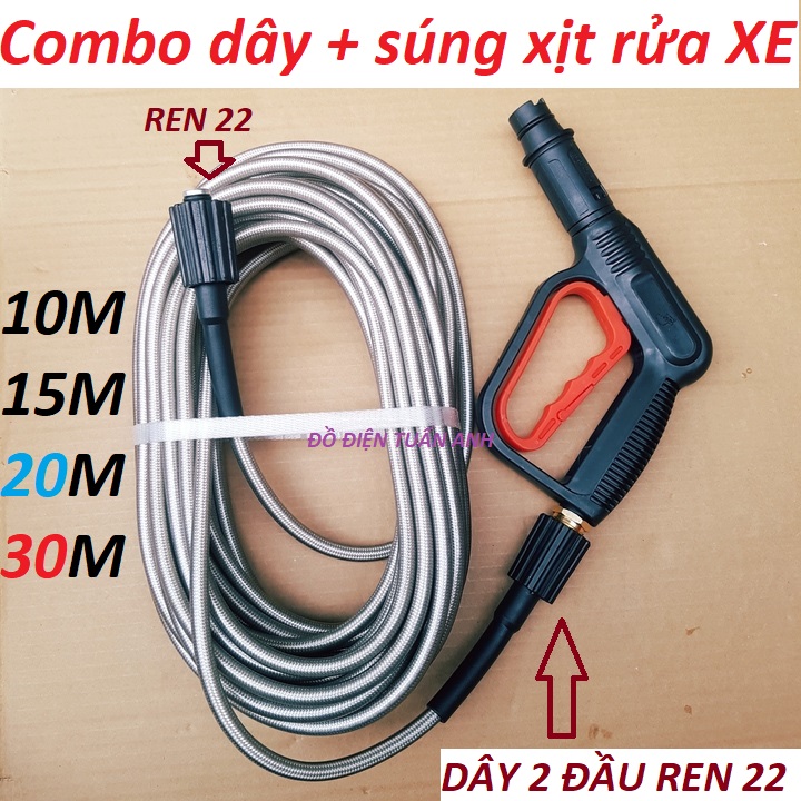 dây rửa xe và vòi xịt rửa xe áp lực cao ren 22mm lắp cho máy rửa xe gia đình súng rửa xe, dây xịt rửa xe
