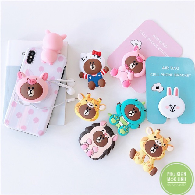 POC GẤU NÂU BROWN MẶC ÁO VÀ THỎ CONY-GIÁ ĐỠ ĐIỆN THOẠI IRING POC CÓ THỂ THU GỌN HÌNH POP