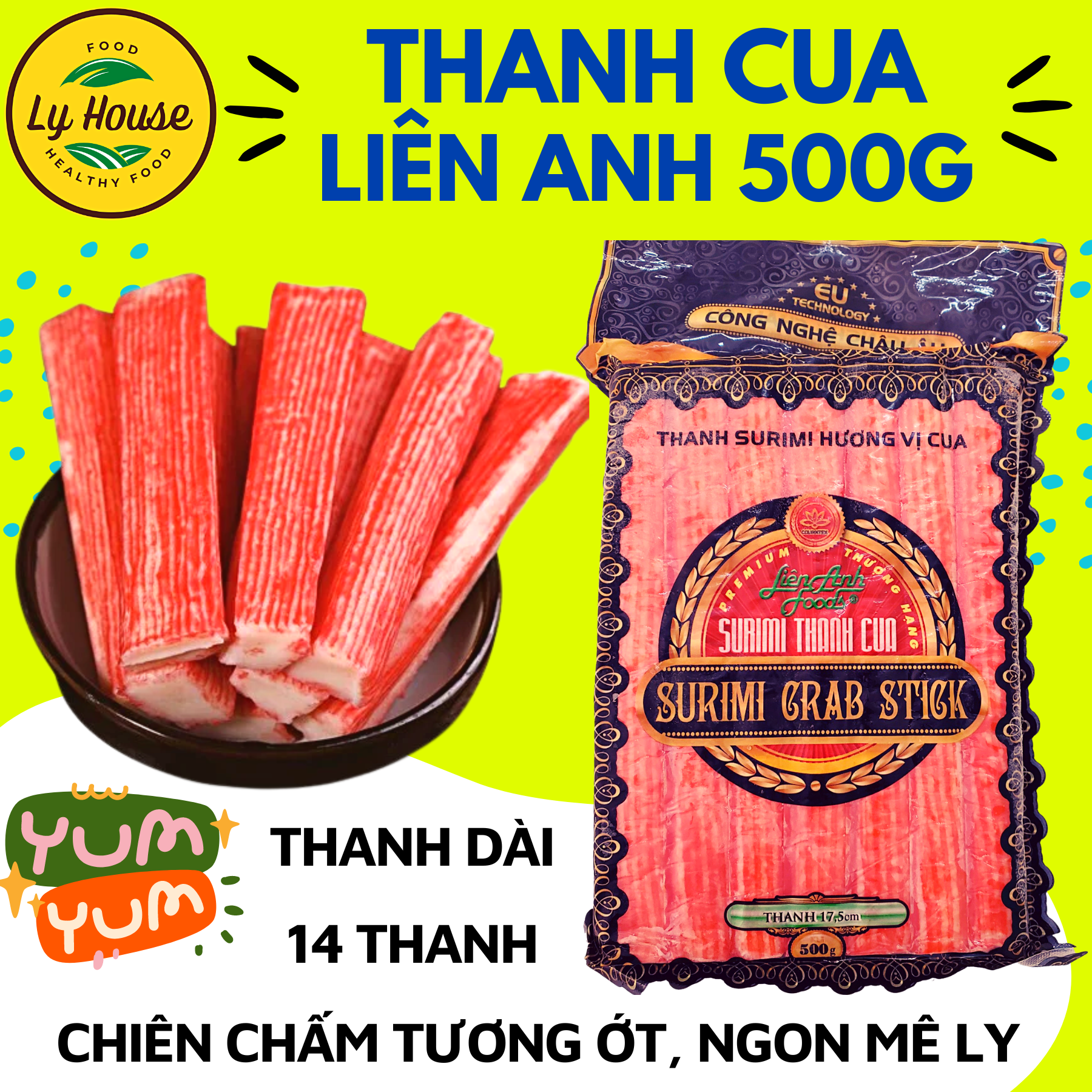 Thanh Cua đông lạnh Liên Anh Yosa, chuẩn vị surimi 500g. Thơm ngon, đậm vị, món lạ, ăn liền sau khi chiên. Thương hiệu thực phẩm nổi tiếng, phù hợp quán ăn vặt, an toàn vệ sinh thực phẩm. Chế biến tiện lợi, nhanh chóng Ly House