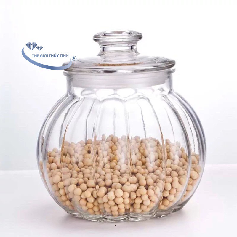 Hủ thủy tinh 2L hình trái bí đựng gia vị các loại hạt. Hộp đựng thức phẩm có nắp an toàn - dung tích 2000 ml