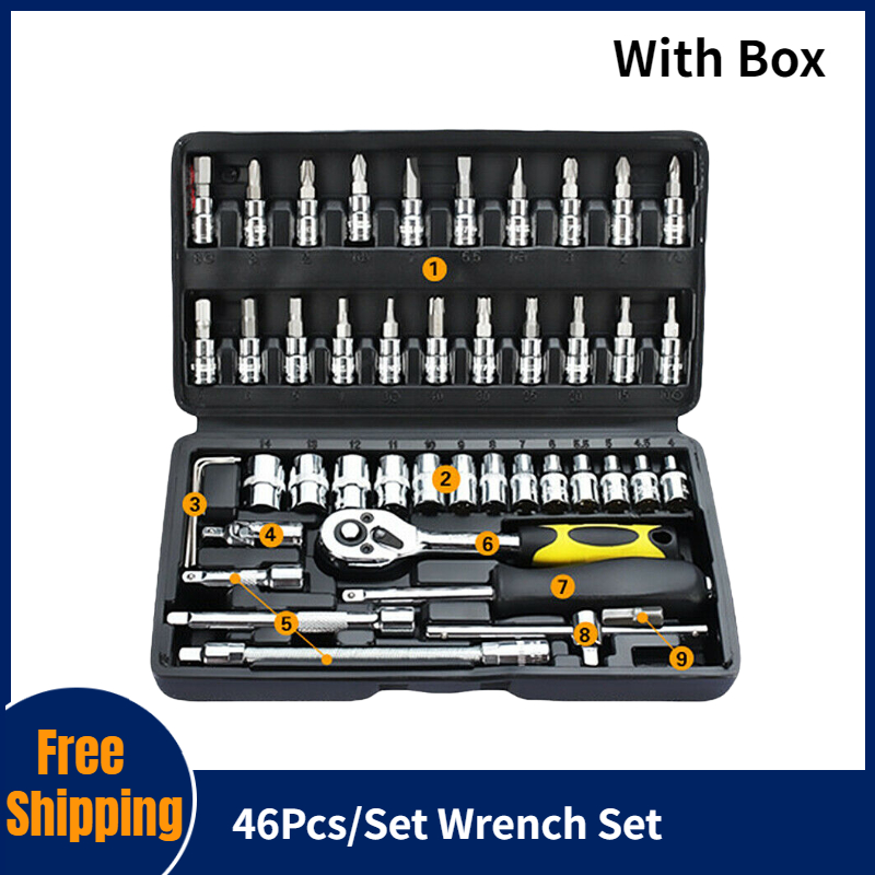 Bộ 46 Dụng Cụ Sửa Xe Ô Tô Gồm Chìa Vặn Có Bánh Cóc, Tua Vít, Cờ Lê Có Đui 1/4 - INTL