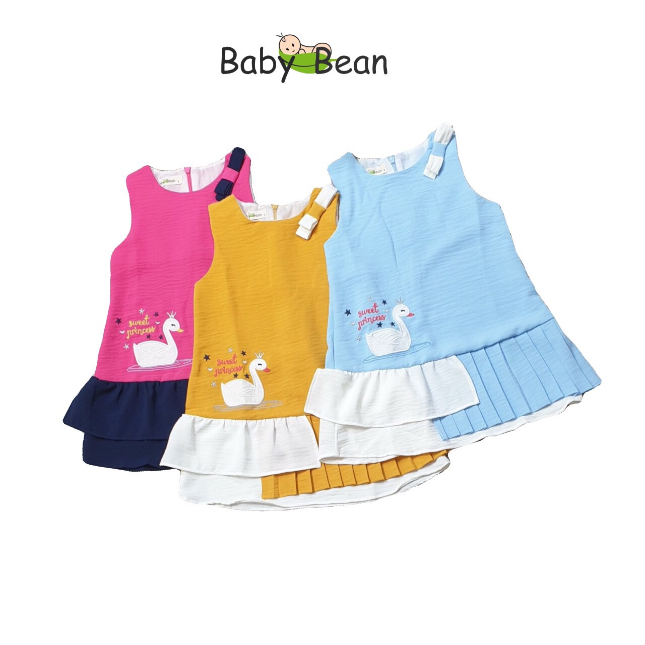 [Mã Ưu Đãi Đặc Biệt] Váy Đầm Đũi thêu Thiên Nga Xếp Ly Bé Gái BabyBean
