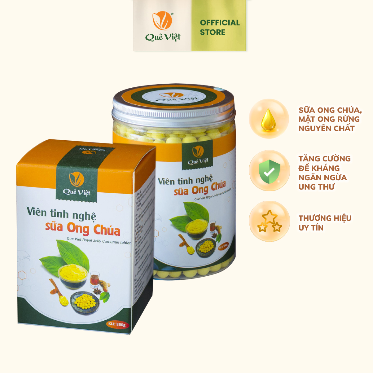 Viên tinh nghệ sữa ong chúa Quê Việt hộp 350gr - Tăng sức đề kháng, kháng viêm, chống oxy hóa, ngừa ung thư, làm sáng mắt, cải thiện hệ tiêu hóa - Sản phẩm đảm bảo an toàn cho sức khỏe (1 hộp * 350g)