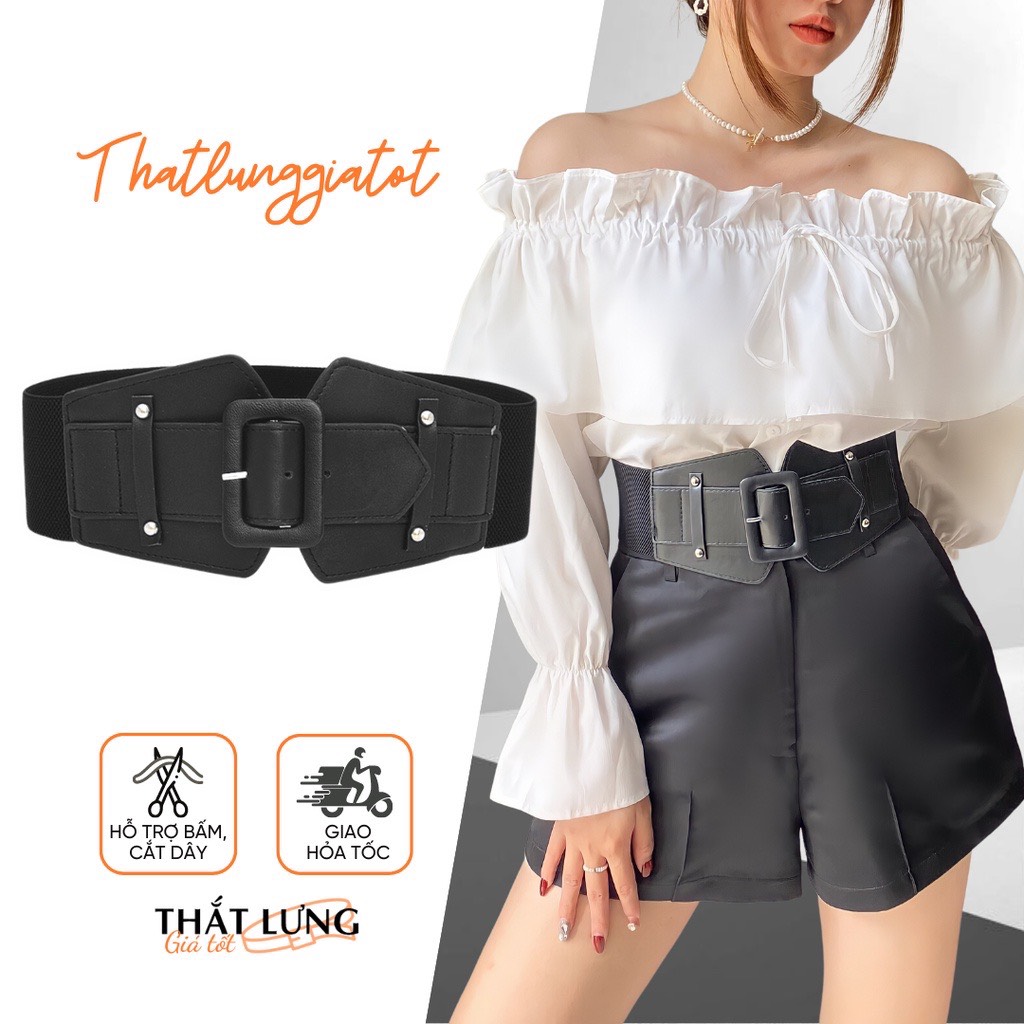 Đai váy thun mặt vuông đen dạng gài lỗ phối đầm, vest cá tính bản to 7.5cm DV074 - Thắt Lưng Giá Tốt