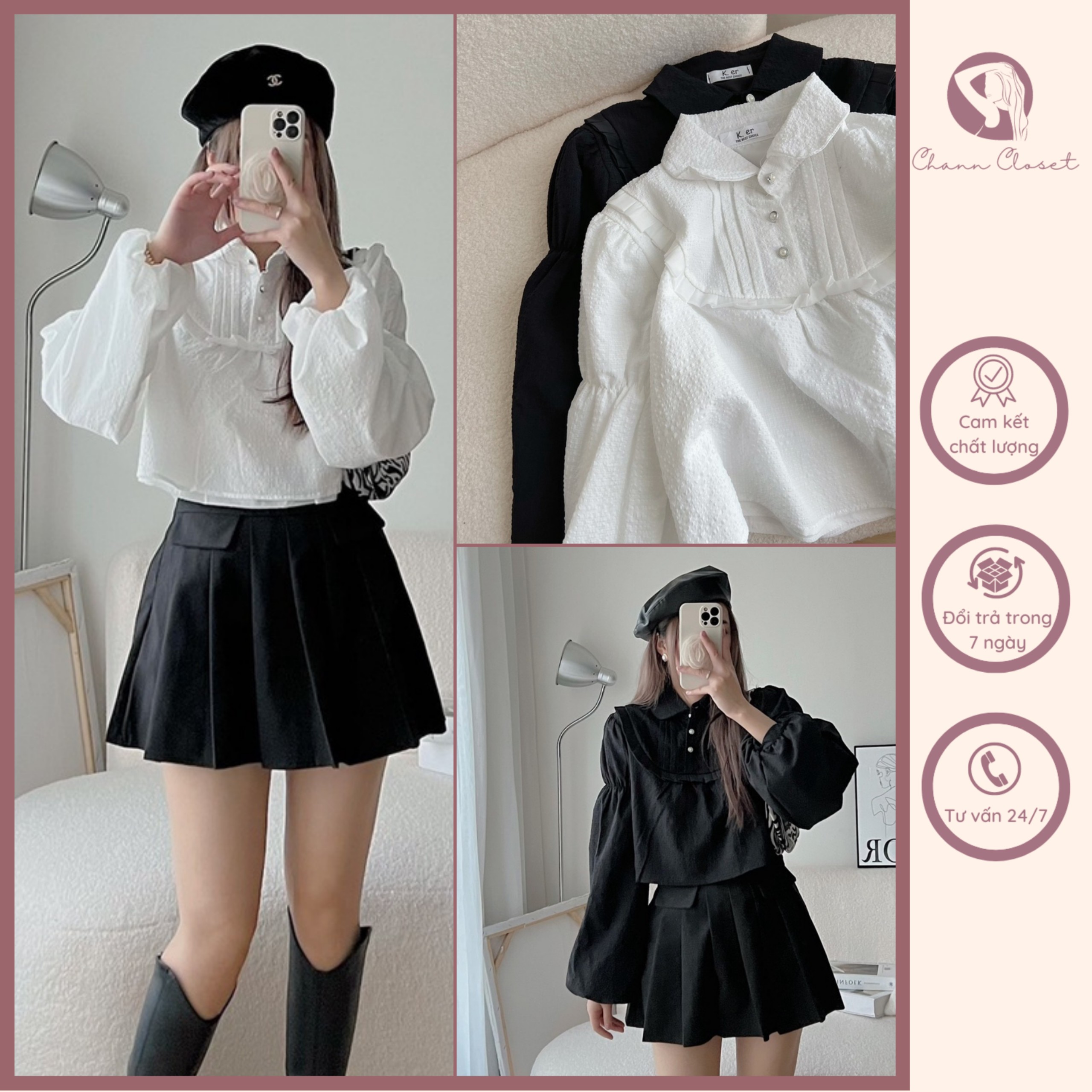 Áo sơ mi croptop tay phồng chất xốp 2 lớp dập ly ngực tiểu thư - Chann Closet