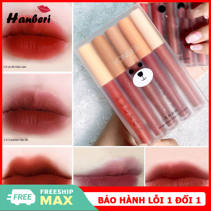 [HÀNG MỚI VỀ]Hộp 5 cây son kem lì 5 màu VONGEE con gấu nội địa Trung. sét 5 cây son kem lì cổ trang Trung siêu lì, dưỡng môi, đẹp như 3ce, Blackrouge-Hanberi