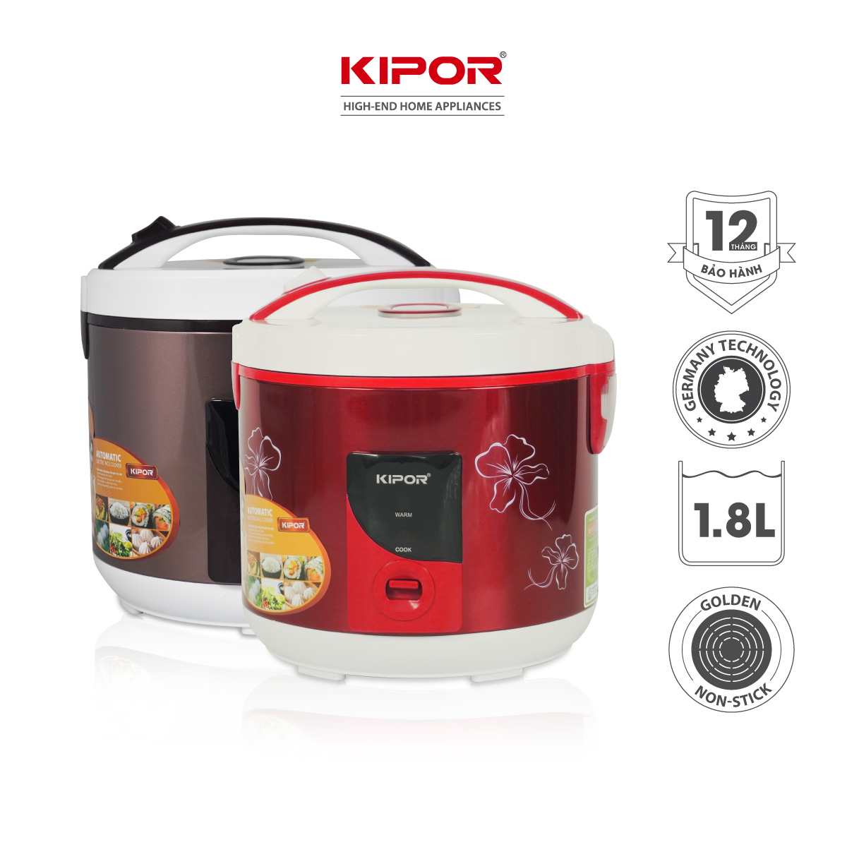 Nồi cơm điện KIPOR KP-25918 - 1.8L - Phủ chống dính HOÀNG KIM, Nồi cơm có tặng kèm vỉ hấp - phù hợp 4-6 người ăn - Bảo hành tại nhà 12 tháng