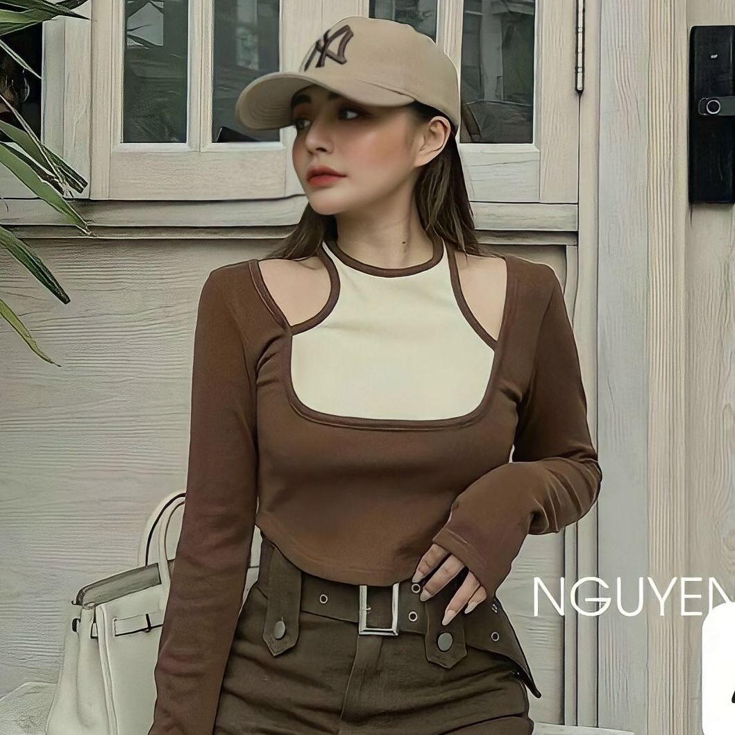 Áo croptop cổ yếm phối tay dài Gongzu quyến rũ phối yếm dây cực hot màu đen, nâu, kem, xám