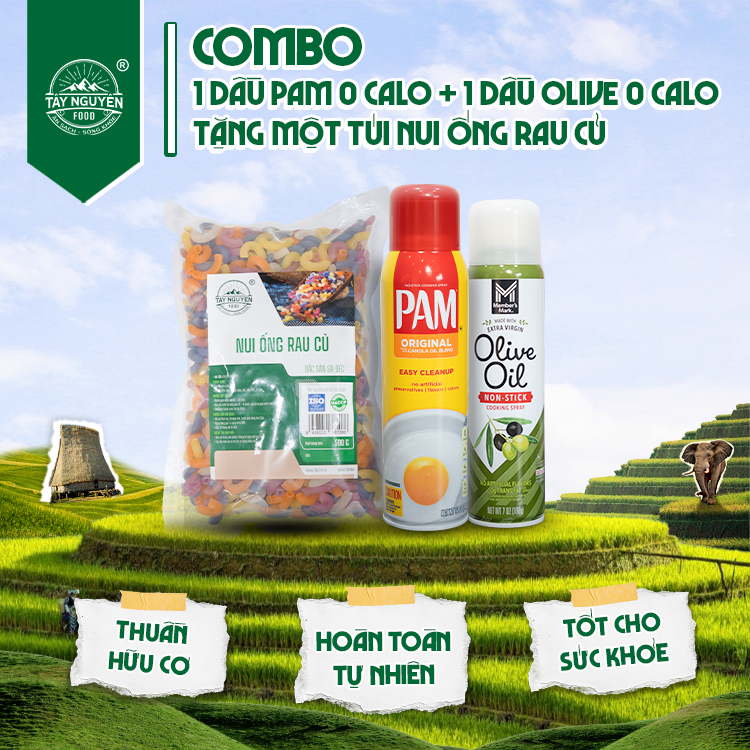 Combo 1 Dầu Pam và 1 Dầu Olive tặng 1 Nui ống rau củ 500g Tây Nguyên Food - Việt Nam