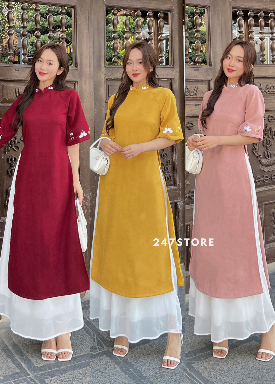 Sét áo dài nhung thêu hoa 3 màu vàng, đỏ, hồng - 247storefashion - aodai1530_p13k17