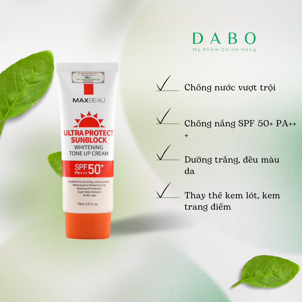 Kem Chống Nắng Kháng Nước, Nâng Tone, Trắng Da Maxbeau Ultra Protect Sunblock 70ml