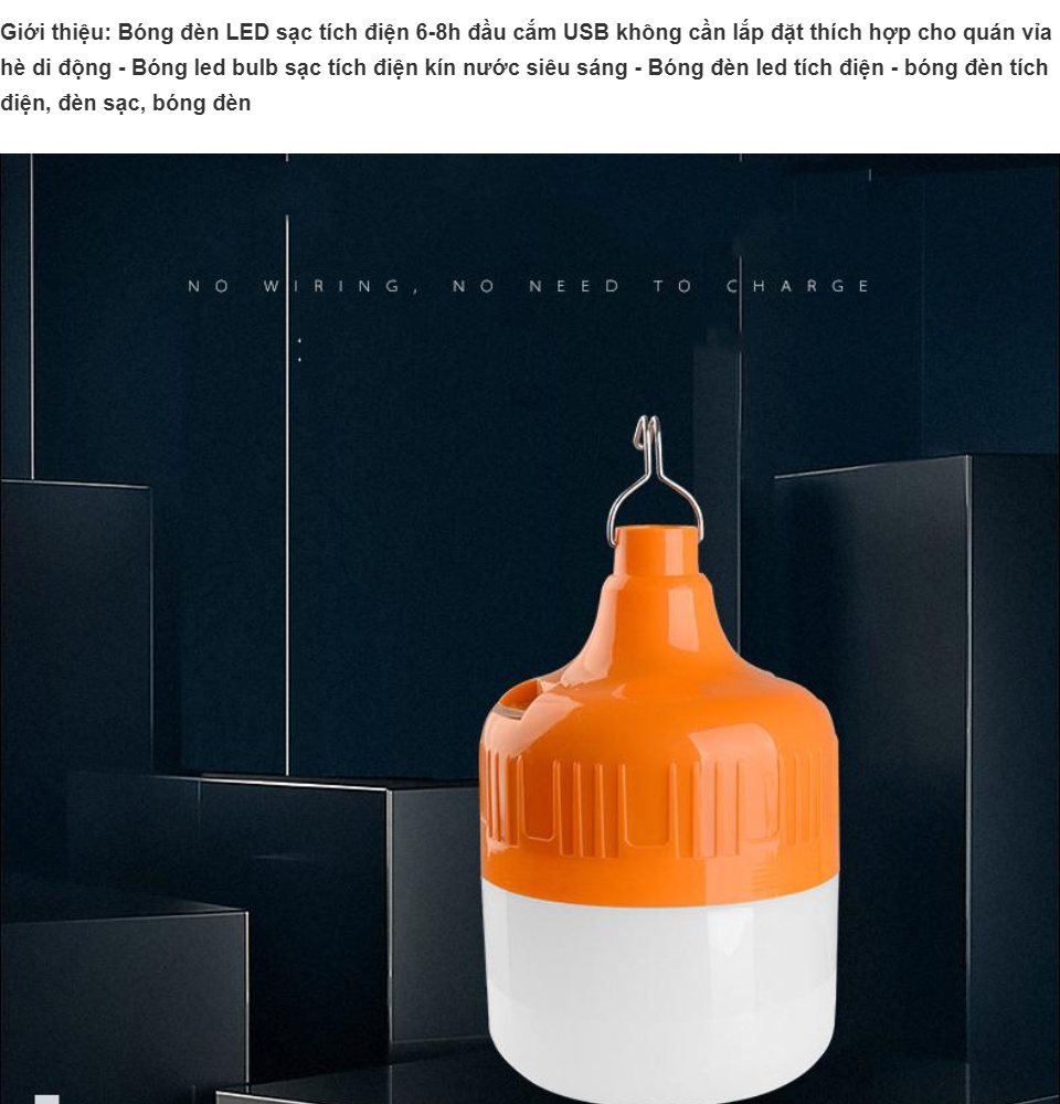 Bóng đèn Led sạc tích điện 100w có móc treo không cần dây điện