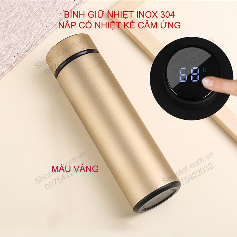 Bình giữ nhiệt 2 lớp 480ml nắp có nhiệt kế cảm ứng, bằng inox 304 cao cấp NC480