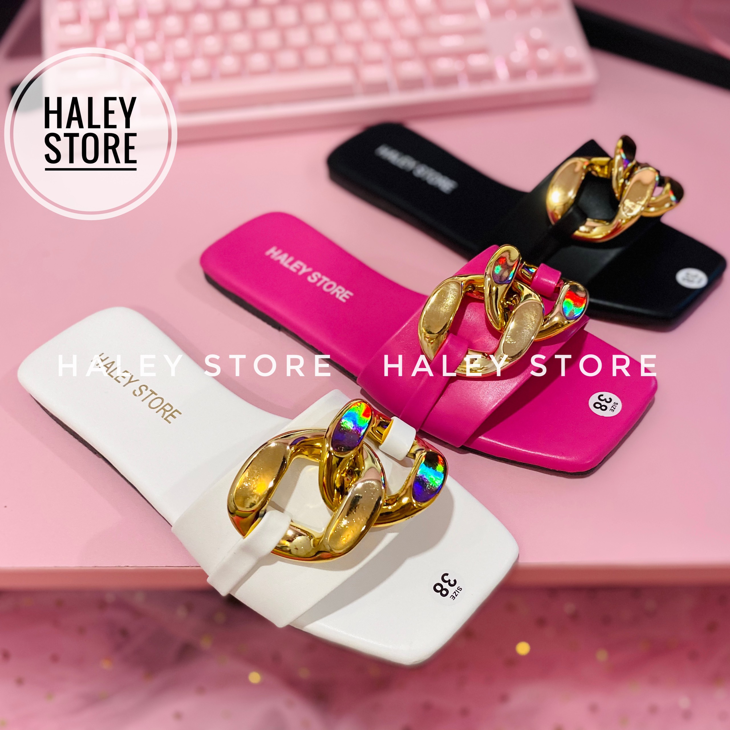 [HCM]Dép bệt nữ quai ngang đính xích to hottrend 2021 đi chơi đi biển HALEY STORE