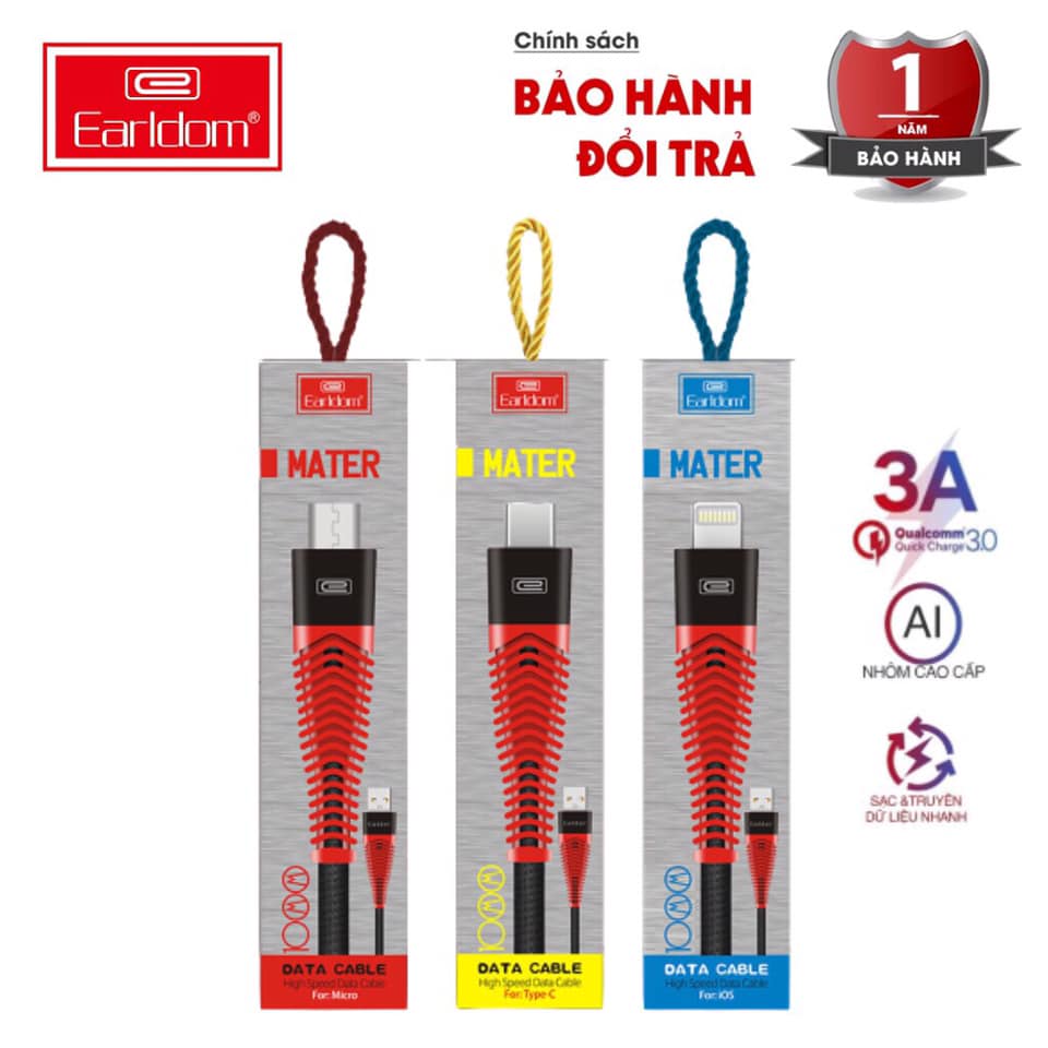 Cáp dù cáp sạc iphone lightning type c micro earldom ec-060 1m dây bọc vải dù, đầu đúc nhôm cổ cab chống đứt cao cấp