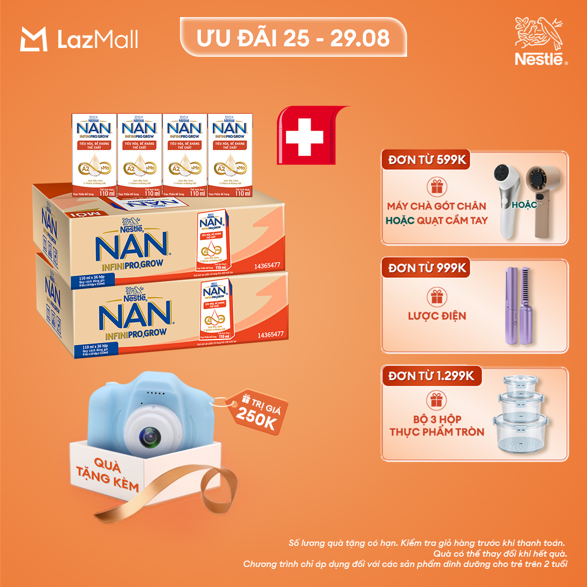 [CHỈ 25-29.08 QT ĐƠN 599K/999K/1299K][Tặng Máy chụp ảnh] Combo 2 Thùng 36 hộp sữa pha sẵn Nestle NAN INFINIPRO GROW với công thức vượt trội kết hợp sữa A2 và HMO hỗ trợ tiêu hóa, đề kháng và phát triển thể chất (4x110ml)