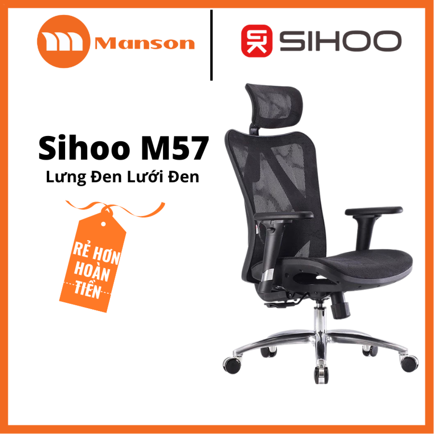 [The Manson] SIHOO M57 - Ghế lưới văn phòng thiết kế công thá¡ học Ergonomic, đỡ thắt lưng nâng hạ, điều chỉnh cột sống