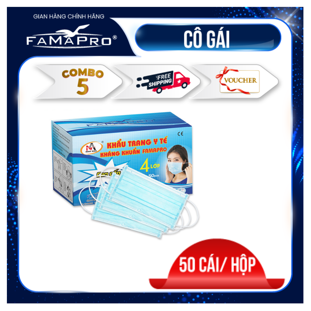 [FAMAPRO - CÔ GÁI - COMBO 5 HỘP] Khẩu trang y tế 4 lớp kháng khuẩn FAMAPRO (50 cái / Hộp)