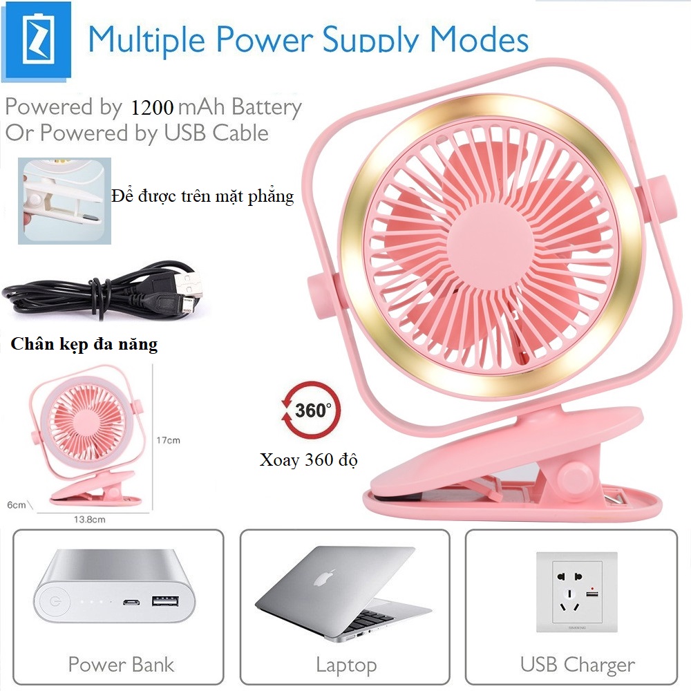 Quạt kẹp bàn tích điện chỉnh tốc độ gió Có Kèm Sạc USB Xoay 360 Độ Nhỏ Gọn cực bền