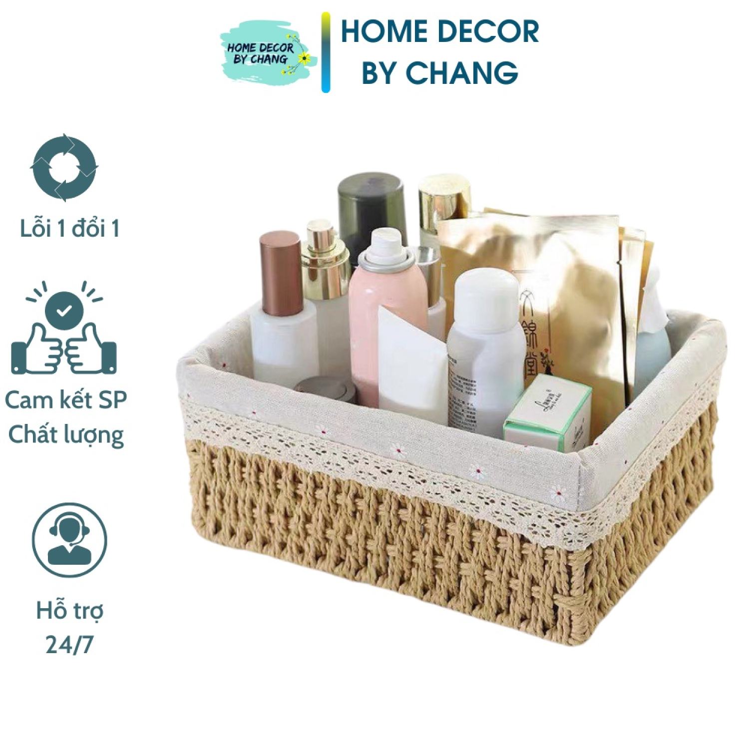 Giỏ cói lót vải đi picnic decor chụp ảnh sản phẩm, đựng mỹ phẩm phong cách vintage