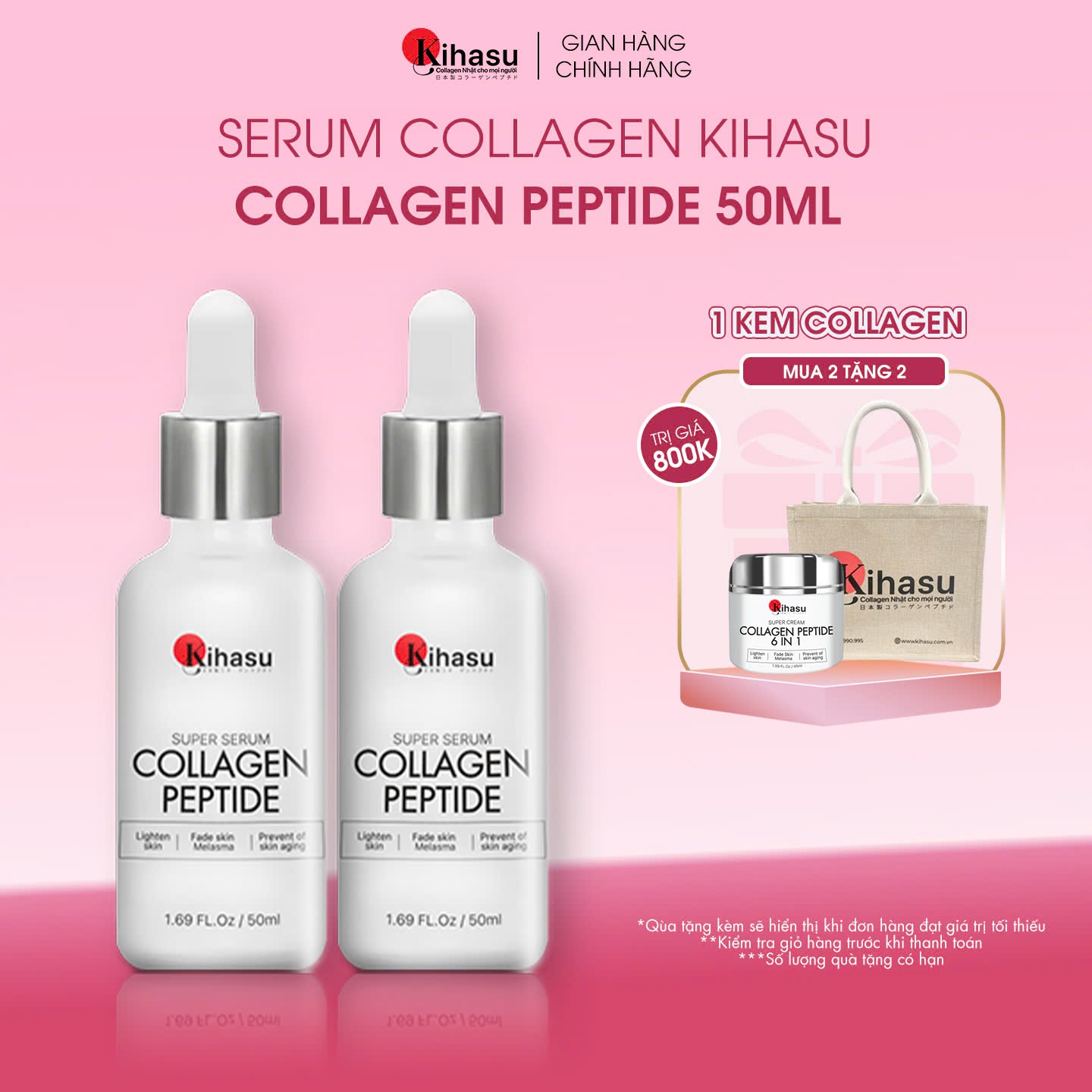 Bộ 2 Serum Collagen Peptide Kihasu Cấp Ẩm, Giảm Nếp Nhăn, Làm Mờ Nám, Tàn Nhang, Thu Nhỏ Lỗ Chân Lông