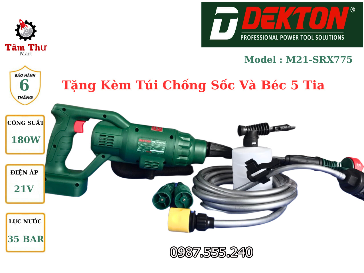 MÁY XỊT RỬA XE DÙNG PIN DEKTON M21 -SRX 775 - CHÂN PIN MAKITA- KÈM THEO BÉC 5 TIA, TÚI CHỐNG SỐC