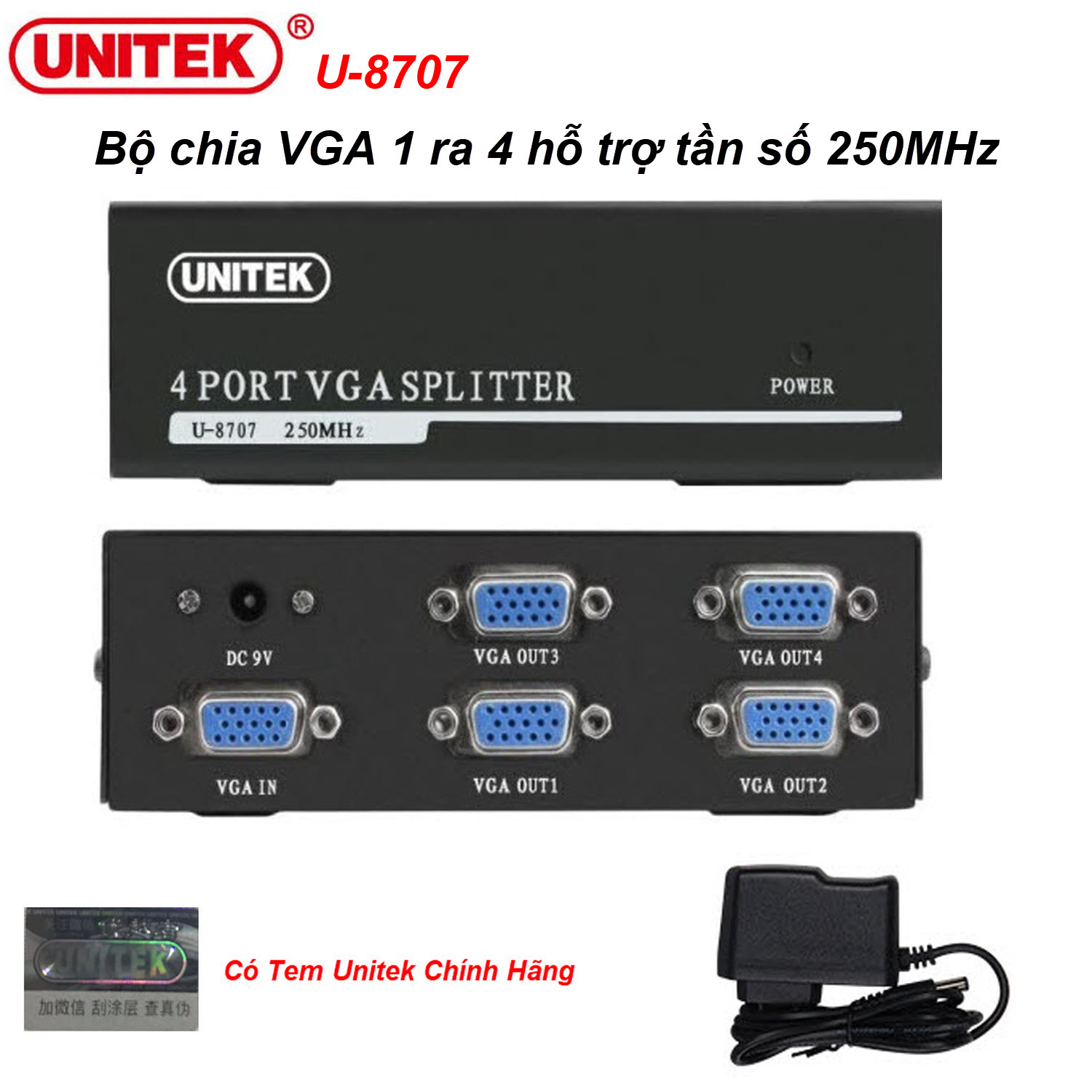 Unitek u-8707 - bộ chia vga unitek 1 ra 4 hỗ trợ độ phân giải 1920x1440 60hz khoảng cách truyền xa lên tới 30m - kèm nguồn