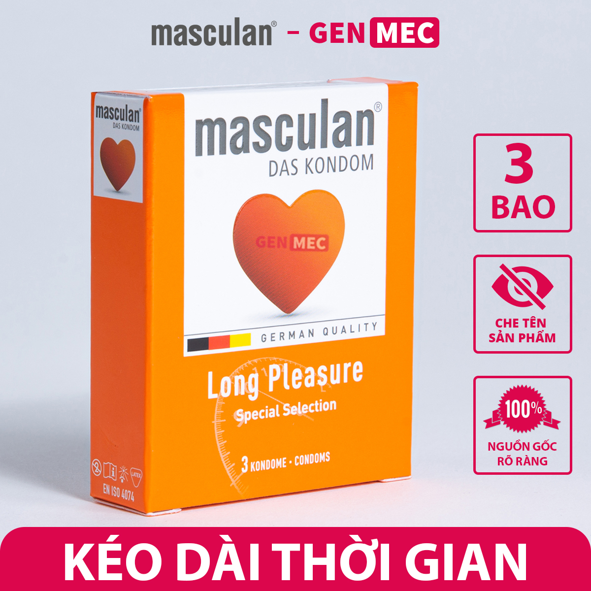 Bao Cao Su Kéo Dài Thời Gian Masculan Long Plesuare - Nhiều Gel Bôi Trơn Siêu Khoái Cảm - BCS Masculan Hộp 03 bao - Genmec