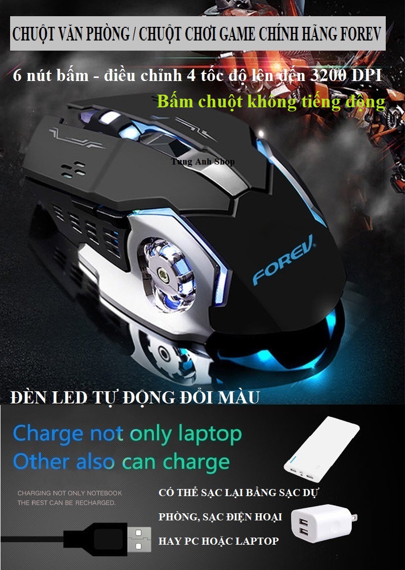 Chuột không dây, Chuột gaming, chuột máy tính, chuột văn phòng, chuột chơi game FOREV FV-W502 / FVW309S chính hãng siêu bền 6 nút 4 tốc độ 800 - 3200 DPI có thể sạc lại 2.4g FV502