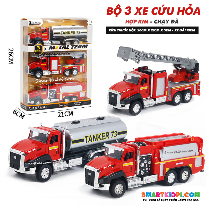 - Bộ 3 mô hình xe cứu hỏa chạy đà, hộp quà cho bé, đồ chơi cứu hỏa