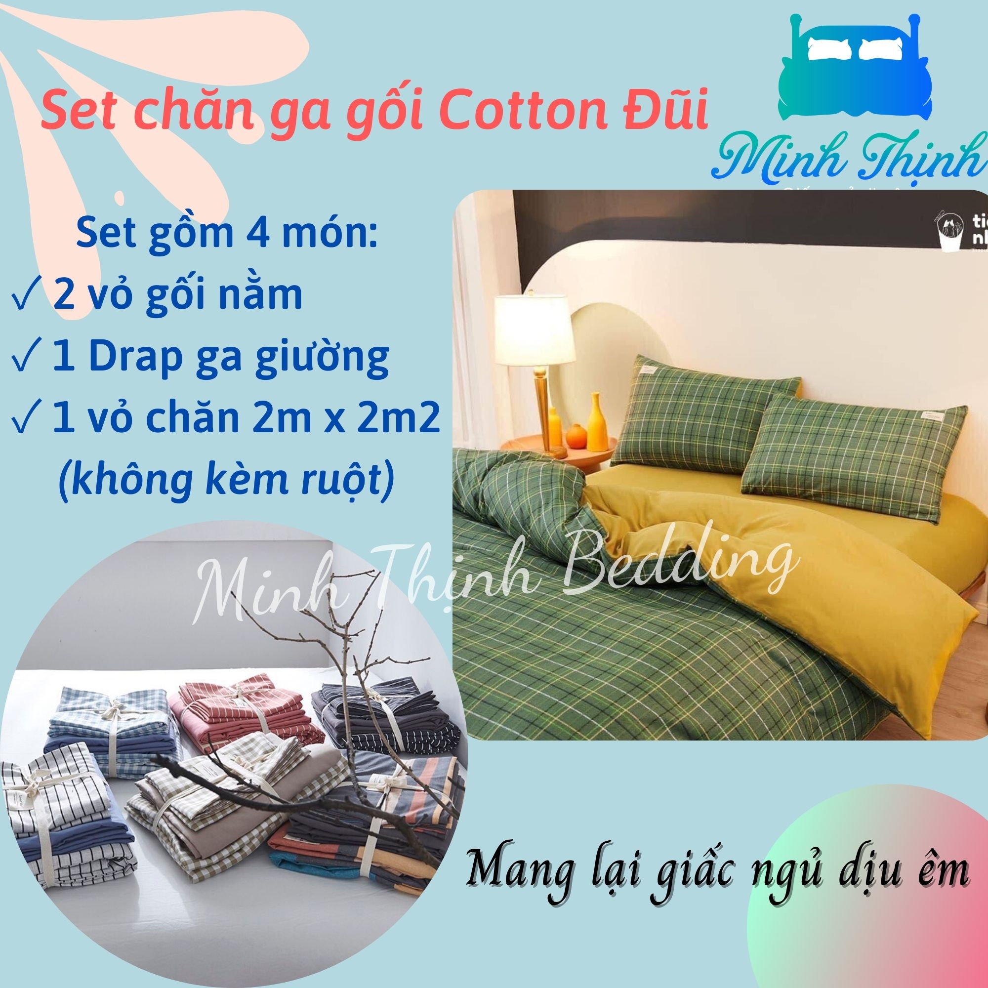Bộ Chăn Ga Gối Cotton Tici Caro Minh Thịnh Bedding Bộ 4 Món Cotton Tici Kẻ Sọc Cao Cấp