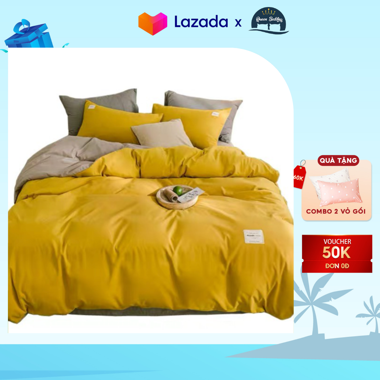 Bộ Chăn ga Gối Cotton Tici Phong Cách Nhật Bản Màu Vàng Be - Set 4 Món Đủ Size, Bo Chun Miễn Phí