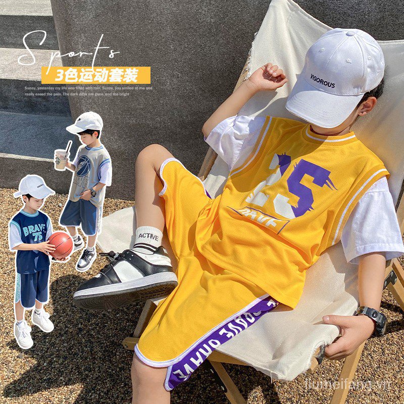Quick shipment big children's clothing summer clothes 2023 Summer new Boys' Sportswear set children's fake two-piece short-sleeved shorts Korean style