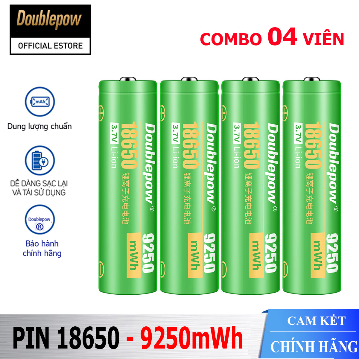 [04 viên nhọn] Pin 18650 - 3,7V sạc lại Doublepow - 9250mWh đầu lồi Doublepow, pin dung lượng thực - Pin chính hãng