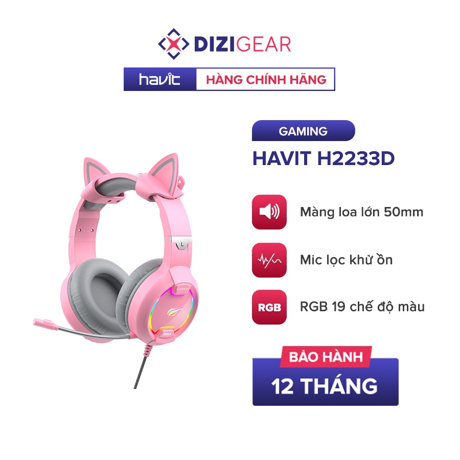 Tai Nghe Gaming Headphone HAVIT H2233D Pink Taboo, Driver 50mm, Đèn RGB, Mic Khử Ồn - Chính Hãng BH 12 Tháng Dizigear