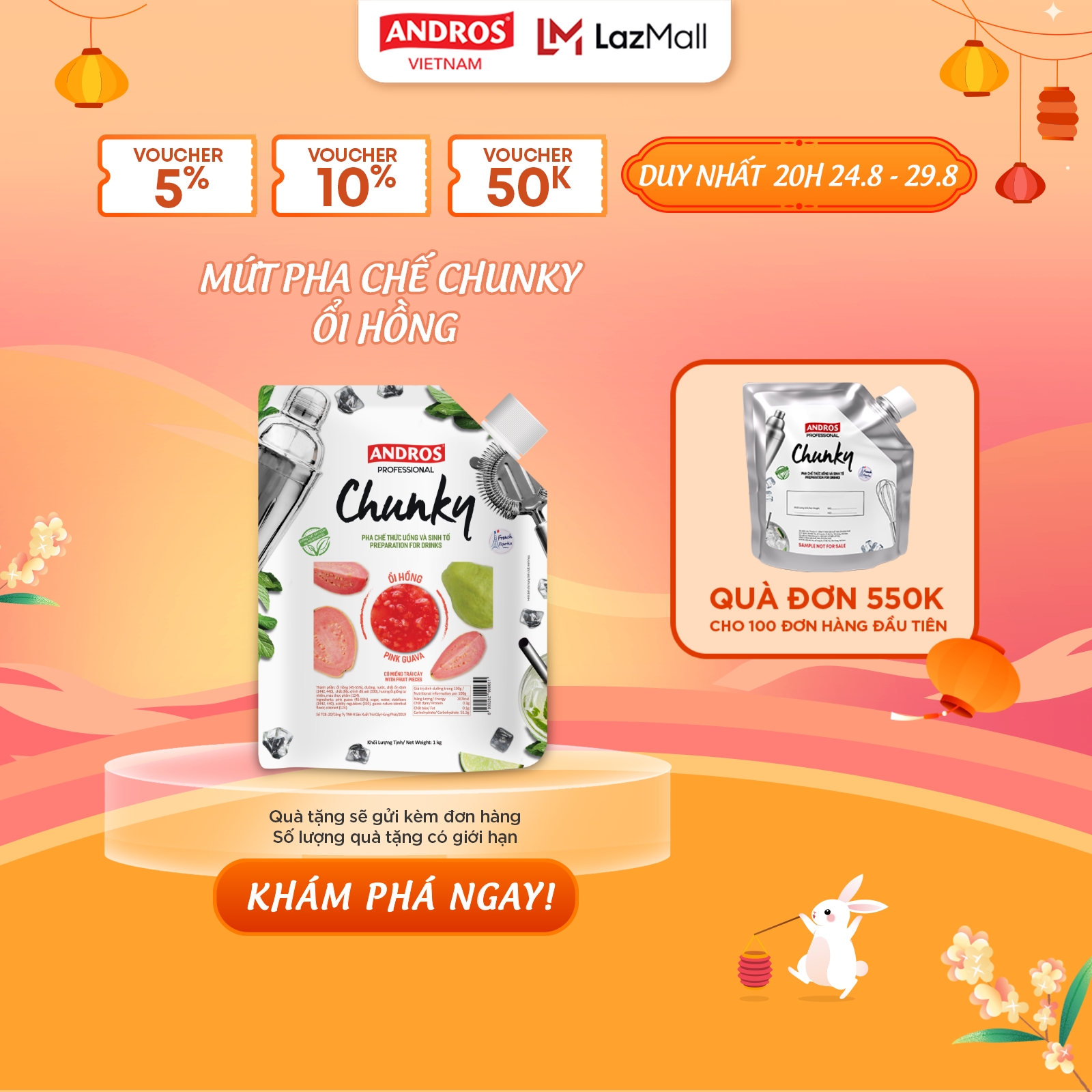 Mứt Trái Cây Pha Chế Ổi Hồng - Có miếng trái cây thật - Nguyên liệu pha chế - ANDROS CHUNKY - 1kg