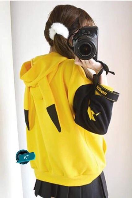 Áo hoodie nam nữ mũ Pikachu phối tay đen siêu dễ thương