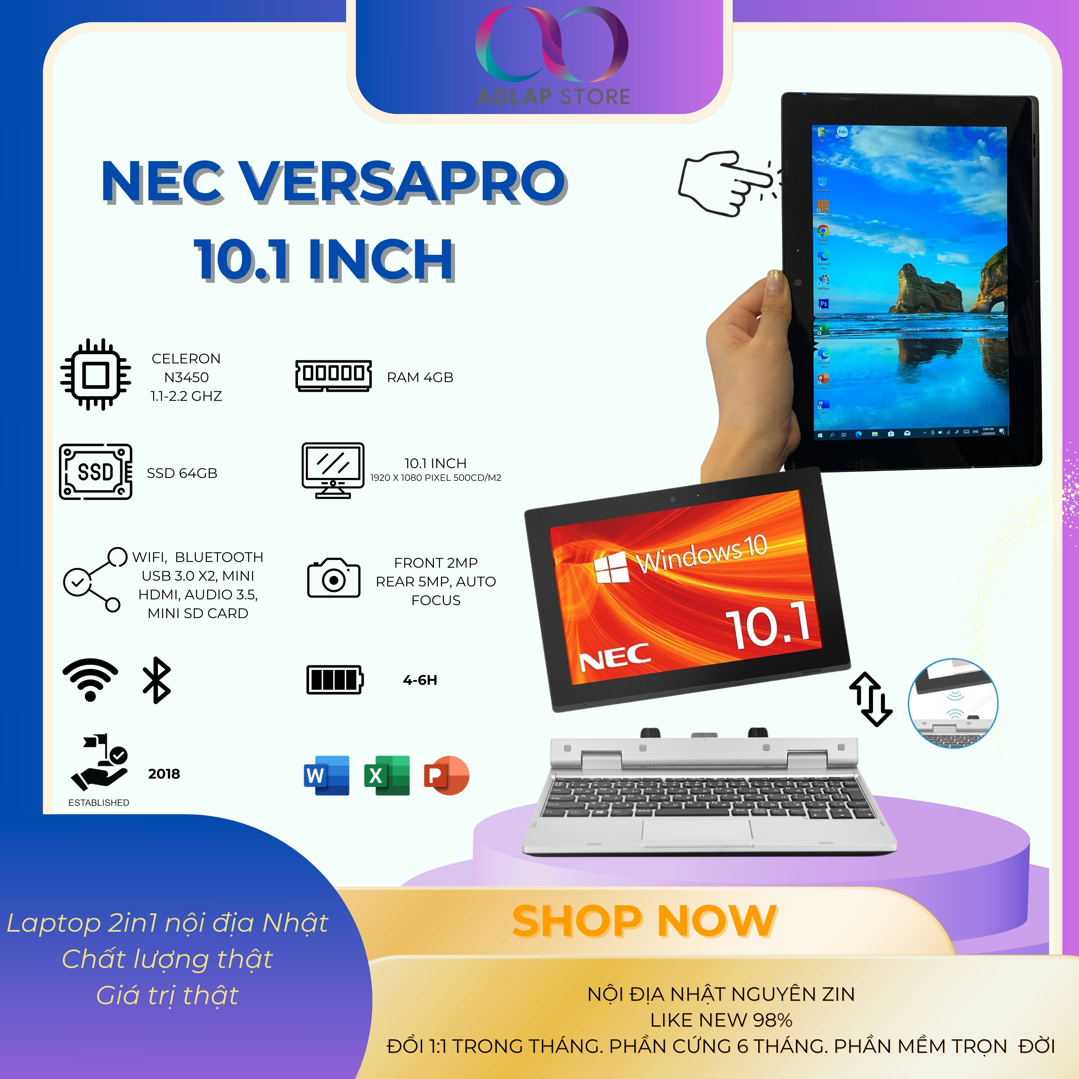 Máy tính bảng 2 trong 1 NEC VERSAPRO VKZ11 VKZ11T-1 10.1 inch CPU N3450 1.1GHz/4GB/ Windows 10 Bản Quyền