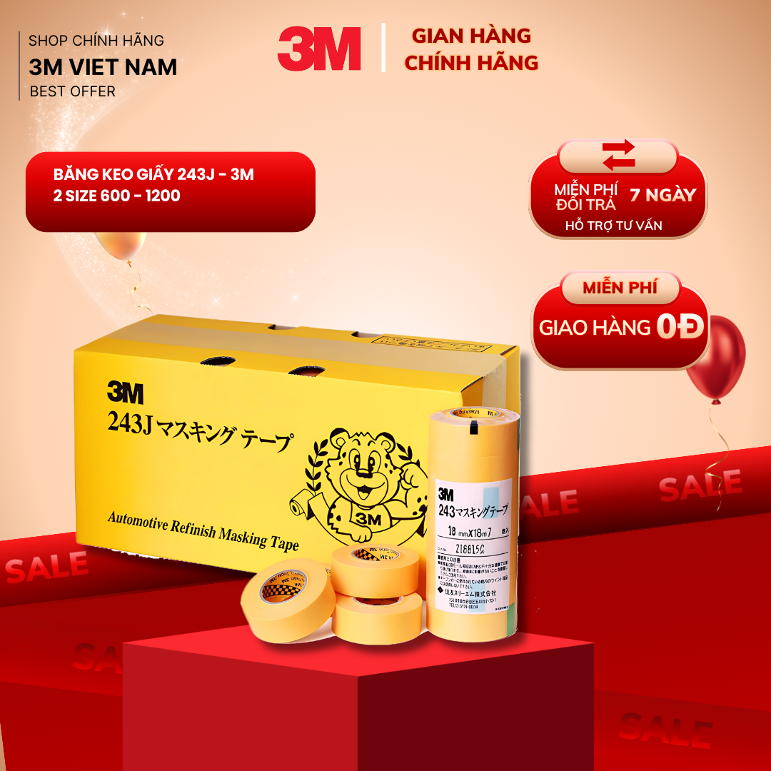 Băng keo giấy 3M 243J 1 - khổ 10mm x 18m (1200) - 12 cuộn/ lốc