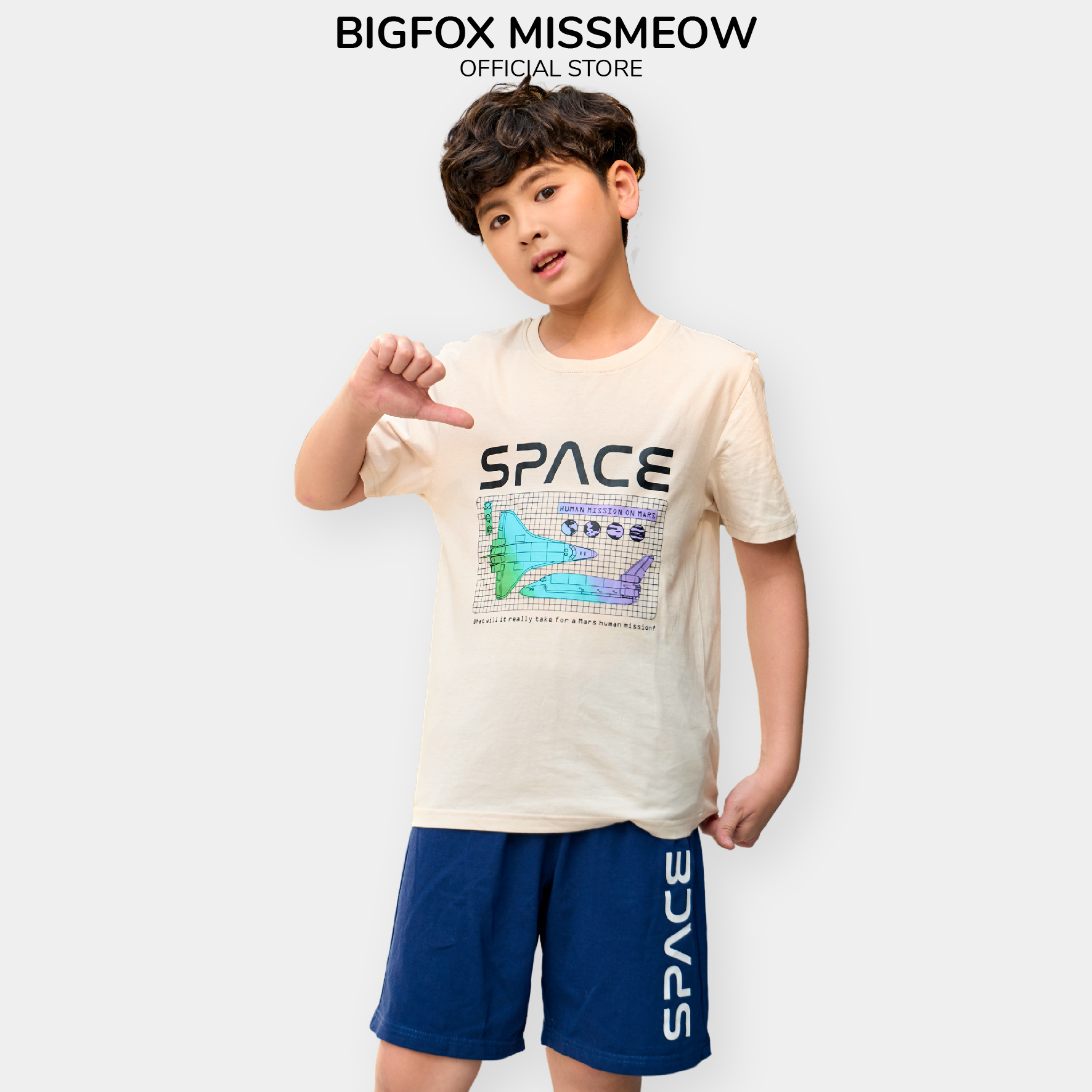 Đồ bộ cộc tay Hàn Quốc Bigfox Miss Meow cho bé trai size đại vải cotton mềm mại in Space cỡ 12-15 tuổi 40 - 50kg